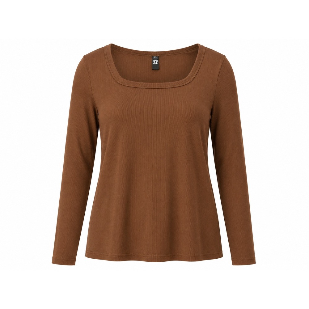 Automet Womens Brown Ribbed Square Neck Long Sleeve Top XL EZau458